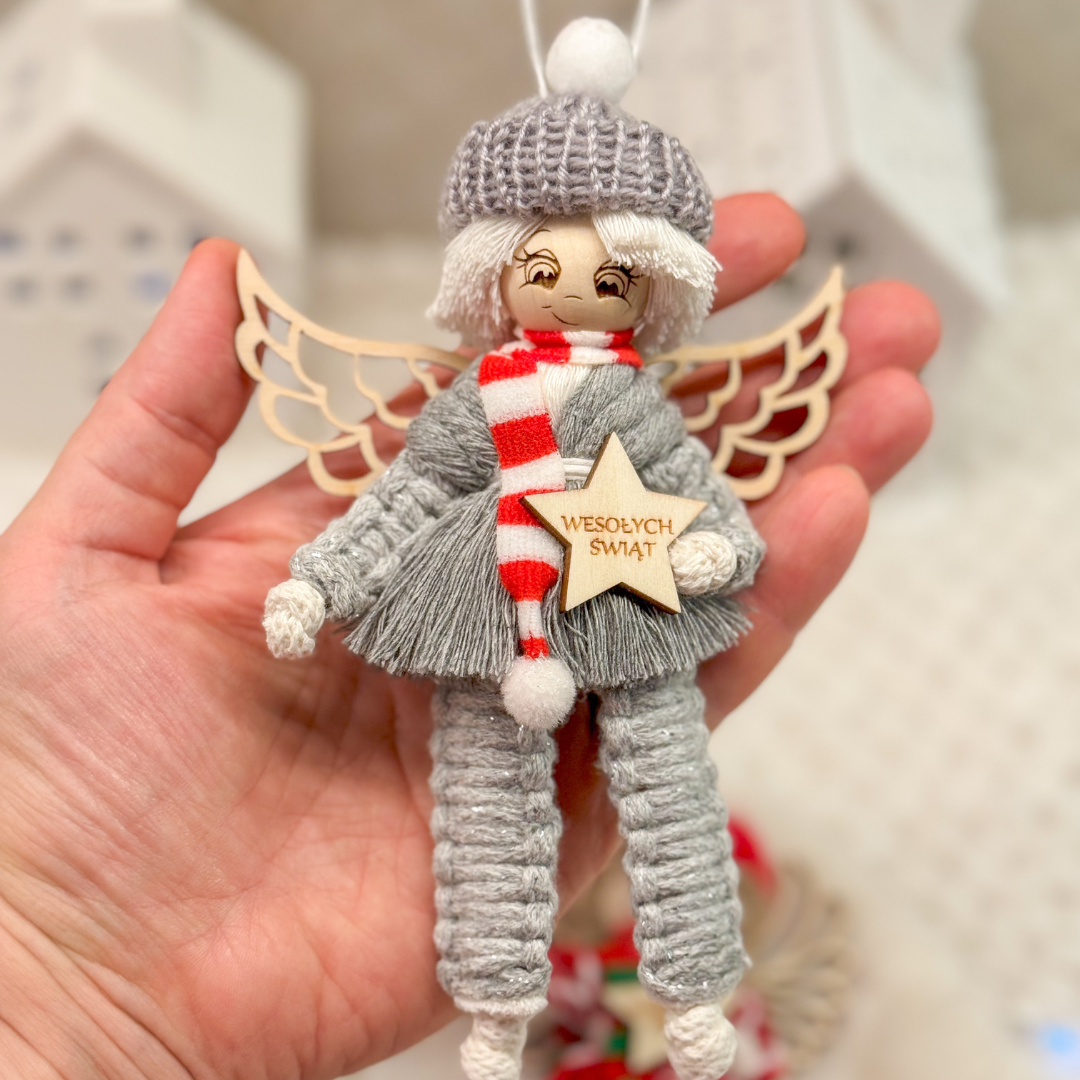 Box świąteczny aniołek CHŁOPIEC ozdoba na choinkę makrama prezent wz1