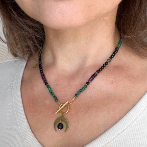 Naszyjnik zodiakalny Ryby – ręcznie robiony czarny turmalin, hematyt, ametyst i malachit