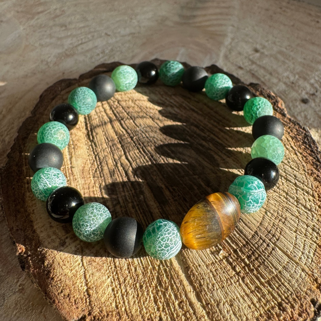 Bransoletka z onyksu, agatu zielonego i tygrysiego oka dla Lwa