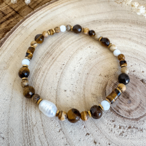Elegancka bransoletka handmade – tygrysie oko, jaspis, onyks, perła dla Lwa