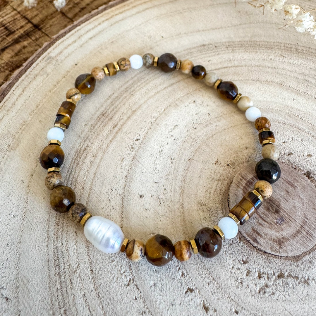 Elegancka bransoletka handmade – tygrysie oko, jaspis, onyks, perła dla Lwa