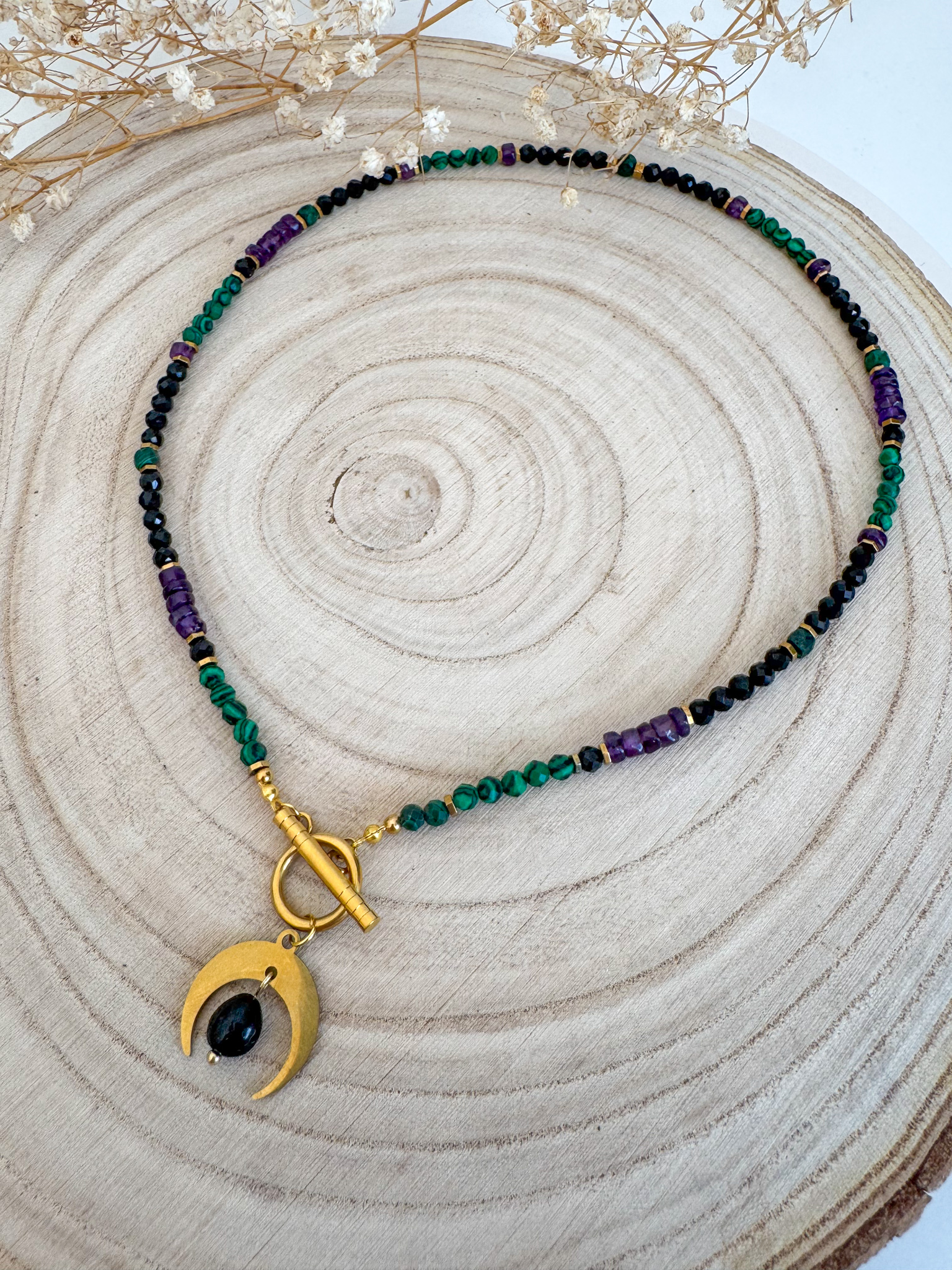 Naszyjnik zodiakalny Ryby – ręcznie robiony czarny turmalin, hematyt, ametyst i malachit - obrazek 2