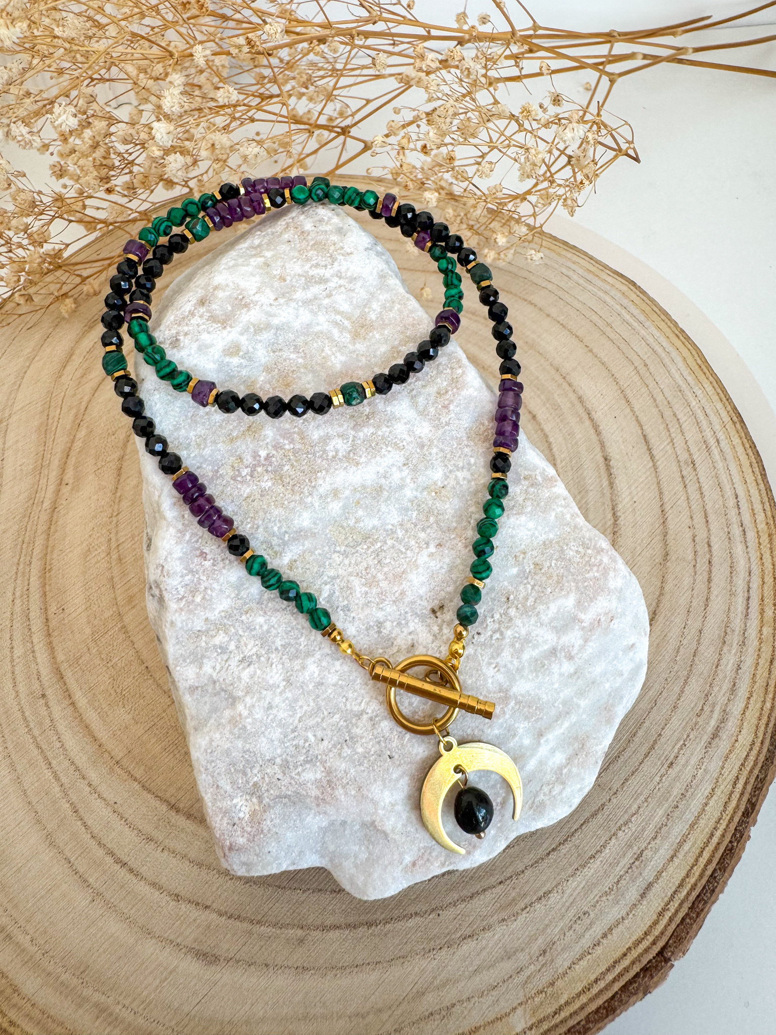 Naszyjnik zodiakalny Ryby – ręcznie robiony czarny turmalin, hematyt, ametyst i malachit - obrazek 3