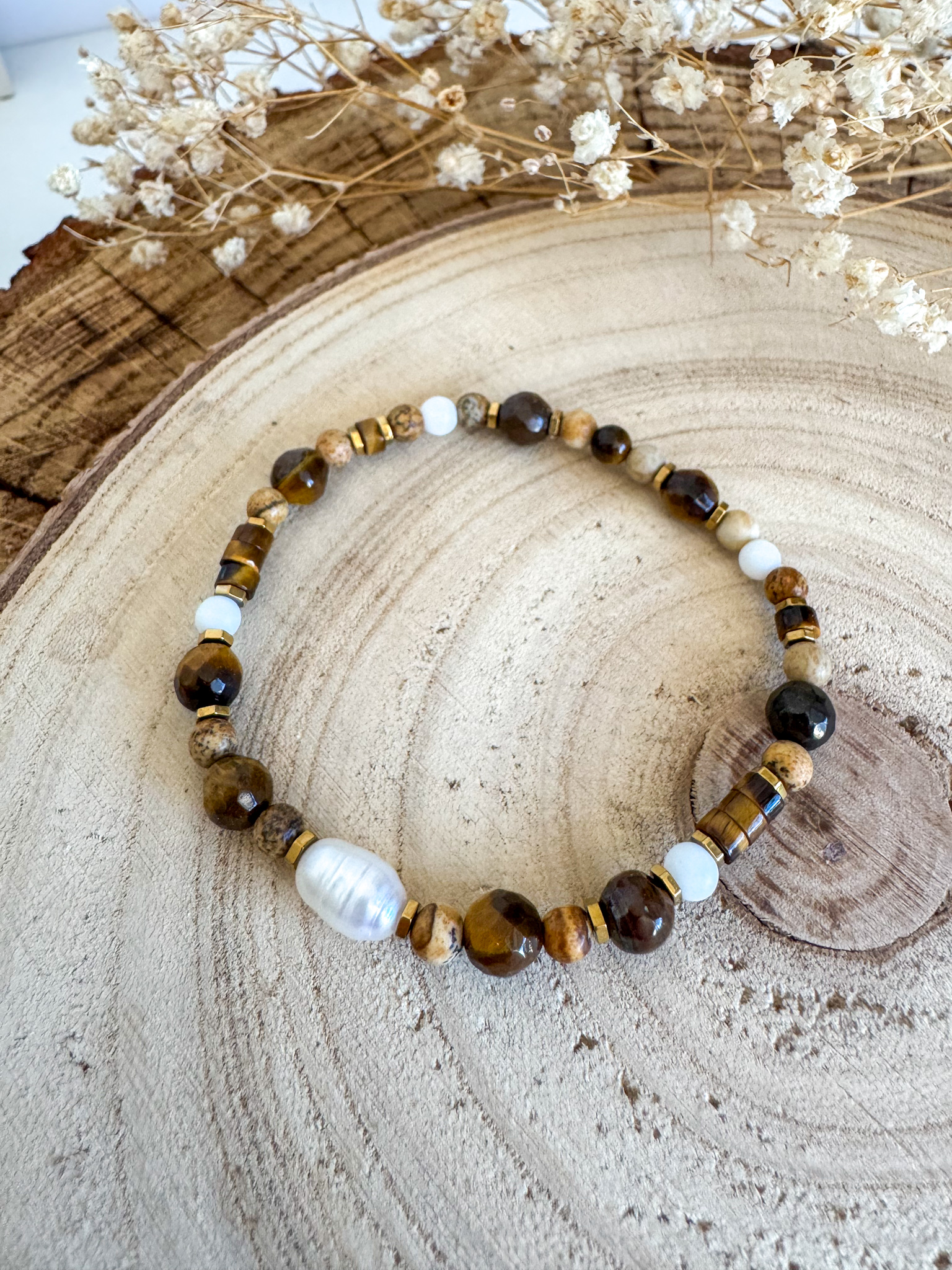 Elegancka bransoletka handmade – tygrysie oko, jaspis, onyks, perła dla Lwa - obrazek 2