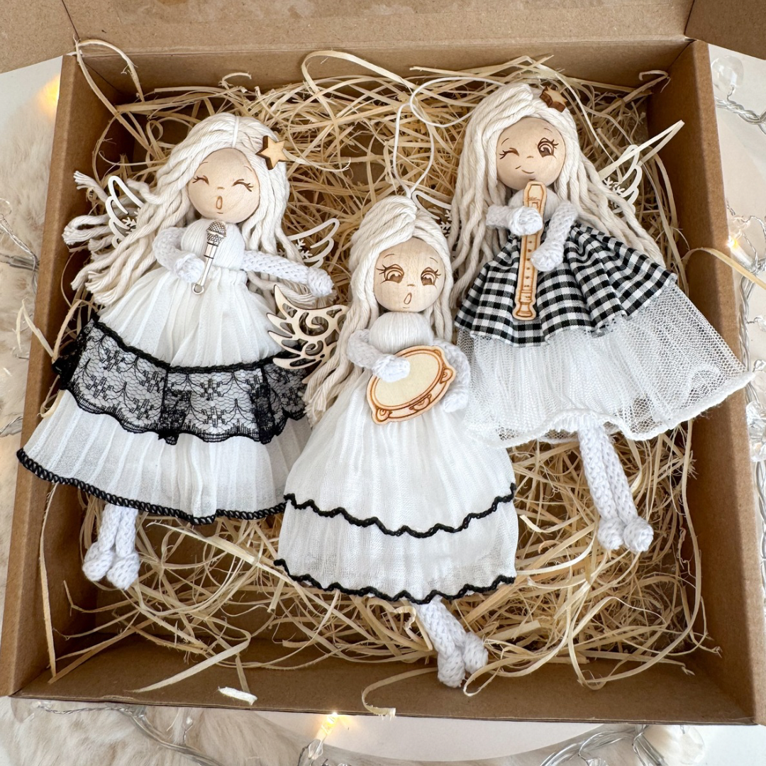 Box świąteczny zestaw 3 aniołków ozdoby na choinkę makrama prezent anielskie trio