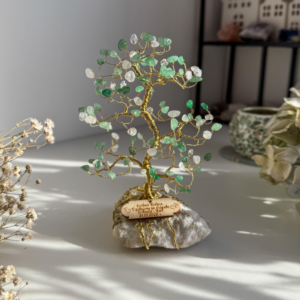 Drzewko szczęścia z zielonego awenturynu i kryształu górskiego – personalizowane podziękowanie rozmiar M